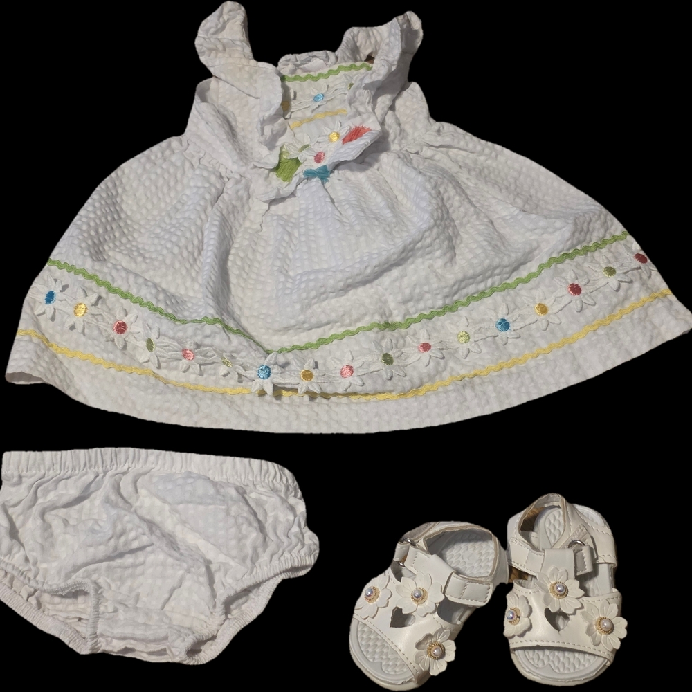 White Baby Dress with Floral Embroidery and Sandals Easter